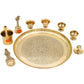 Engraved Brass Puja Thali Set | 8 Pcs Designer Plate with Floral Carvings, Diya, Kalash, Bell, Bowls & Spoon