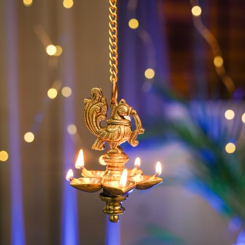 Ethnic Small Peacock Design 5 Oil Wick Brass Hanging Diya | Medium Size | Pack of 1