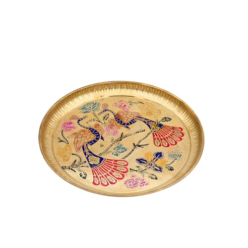 Multicolor Meenakari Peacock Brass Puja Thali | Designer Handcrafted Thali for Aarti