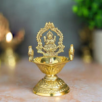 Brass Lakshmi Deepam | Gold Polish Oil Lamp with Goddess Lakshmi Design