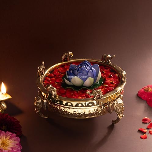 Elephant Carving Urali Bowl 8"inch | 800 gm Decorative Brass Bowl & Platter