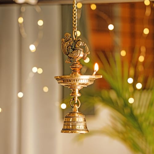 Handcrafted Brass Peacock Hanging Diya with Bell | 1-Wick | Antique Finis, Pack of 1