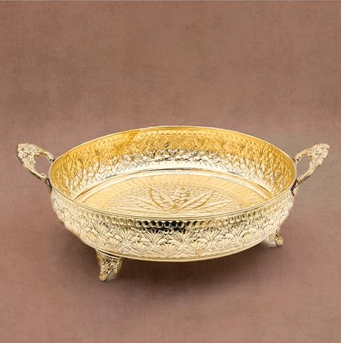 Mughal Carving Fruit Bowl Handle 10"inch | 640 gm Decorative Serving Tray & Platter