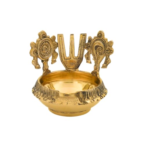 Brass Pooja Diya with Shankh Chakra & Namam | Handcrafted Golden Finish