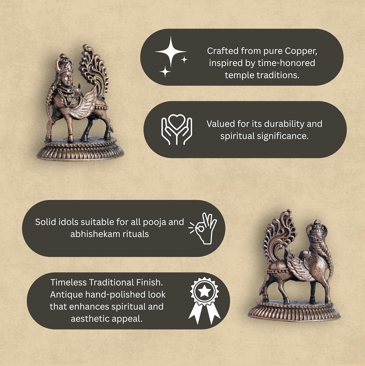Kamadhenu 70gm | 2-Inch Handmade Copper Idol | Patina Antique Finish | Kamadhenu Cow Murti for Pooja Ghar
