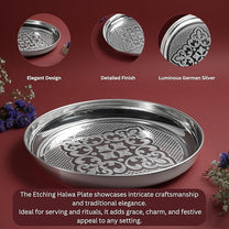 Etching Halwa Plate for Pooja & Serving | Silver Finish Decorative Sweet & Prasad Plate | Traditional Temple Home Mandir Festive Use | 22.6 cm Diameter