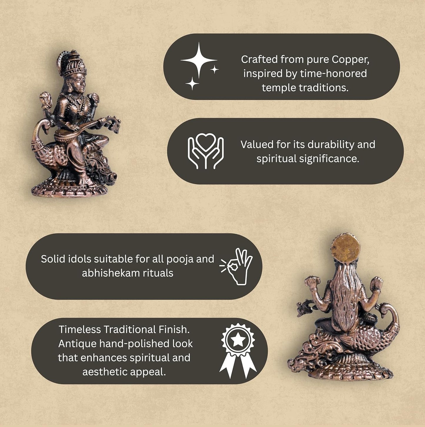 Swan Saraswati 90gm | 2-Inch Handmade Copper Idol | Patina Antique Finish | Saraswati Devi Murti for Pooja Ghar