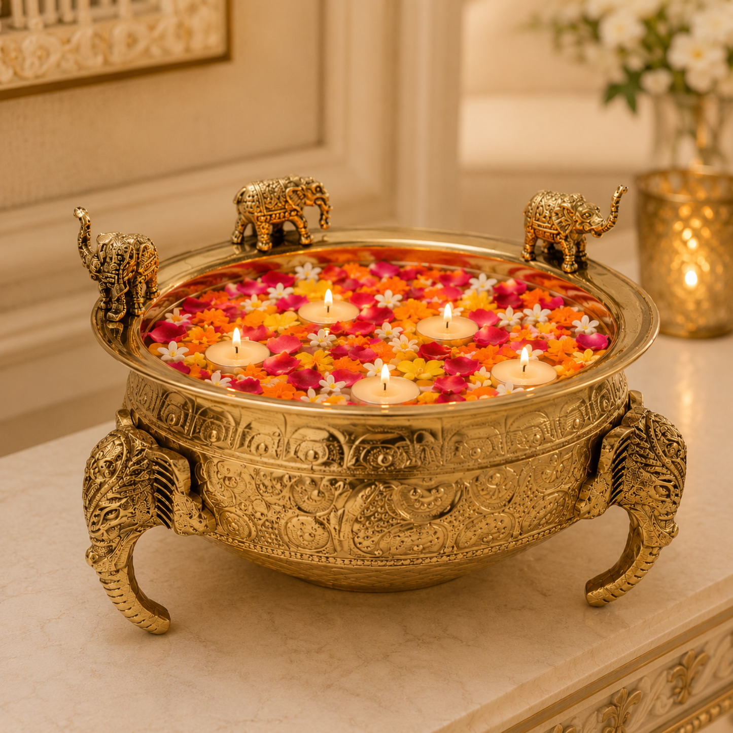 Elephant Carving Urali Bowl 6" | 570 gm Decorative Brass Bowl & Platter | Home Decor, Pooja & Gifting | Brass | Gold