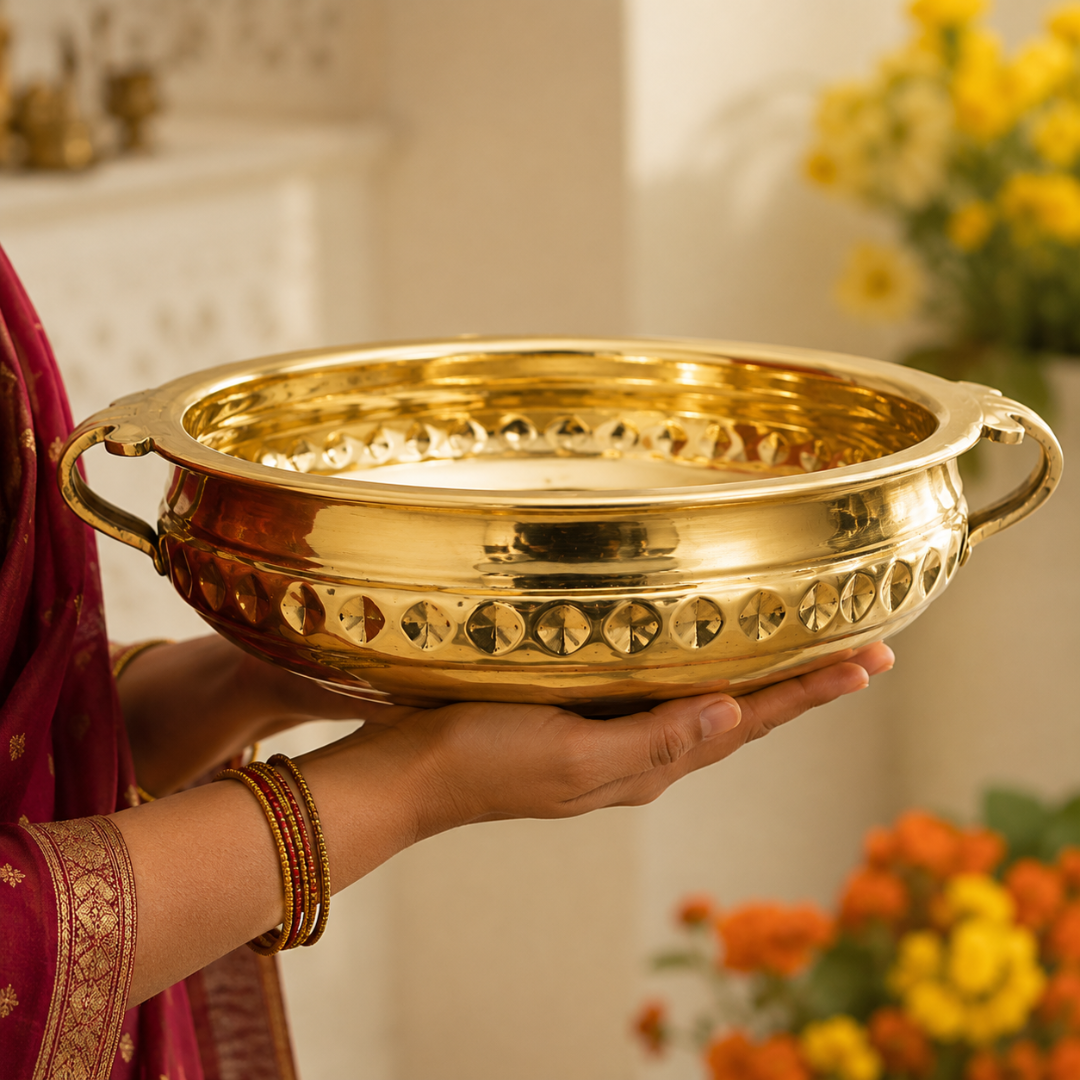 Diamond Carving Urali Bowl 10" | 740 gm Decorative Brass Bowl & Platter | Home Decor, Pooja & Gifting | Brass | Gold