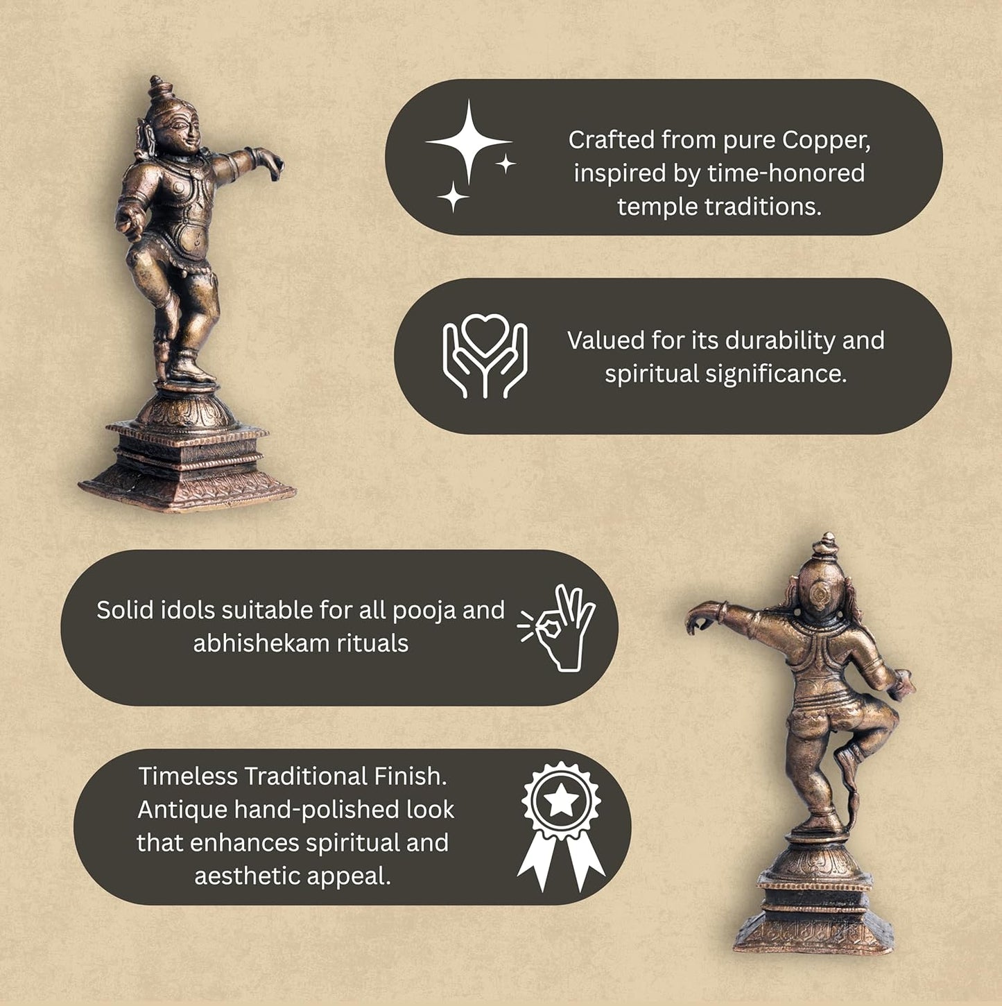 Dancing Krishna | 12 cm | 290gm Handmade Copper Idol | Antique Patina Finish | Lord Krishna Murti Statue | Pooja Mandir Home Decor Showpiece