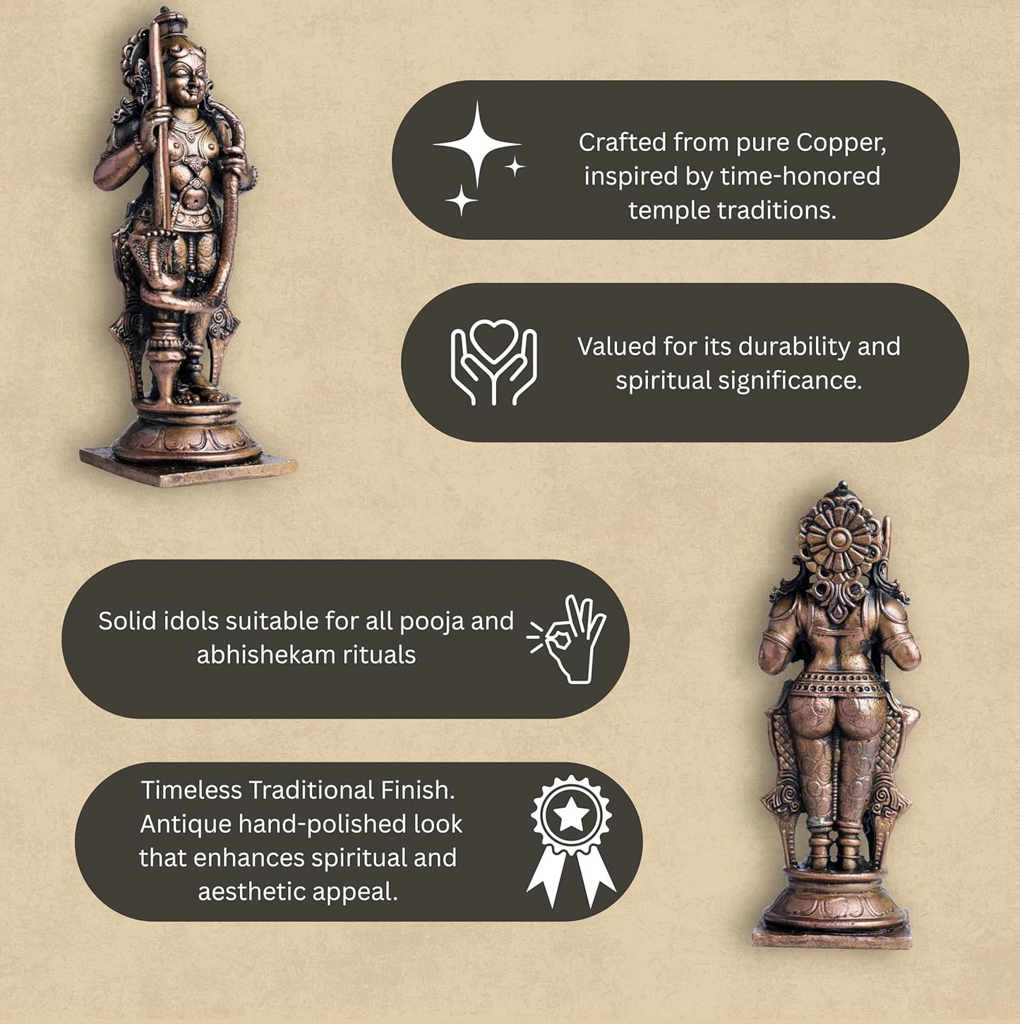 Udupi Krishna with Snake | 12 cm | 410gm Handmade Copper Idol | Antique Patina Finish | Lord Krishna Murti Statue | Pooja Mandir Home