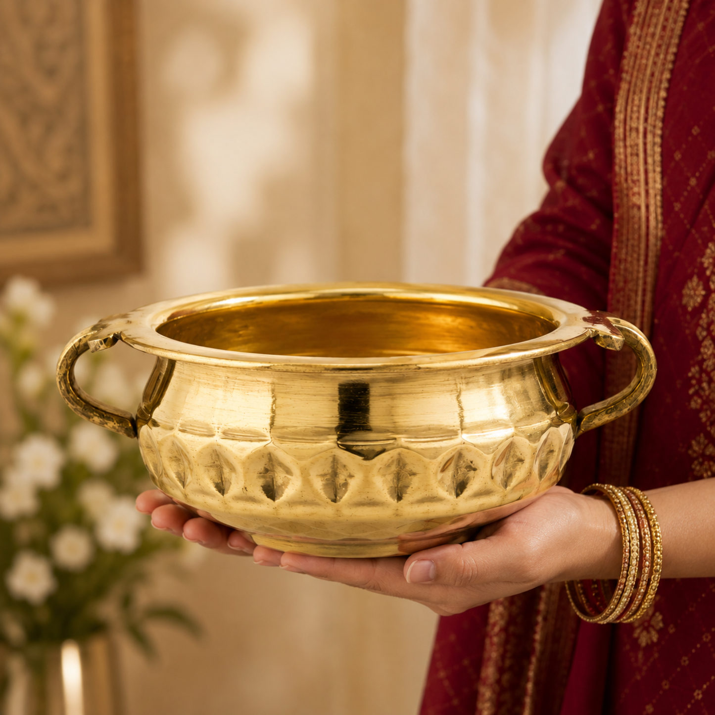 Diamond Carving Urali Thali 6" | 320 gm Decorative Brass Bowl & Platter | Home Decor, Pooja & Gifting | Brass | Gold