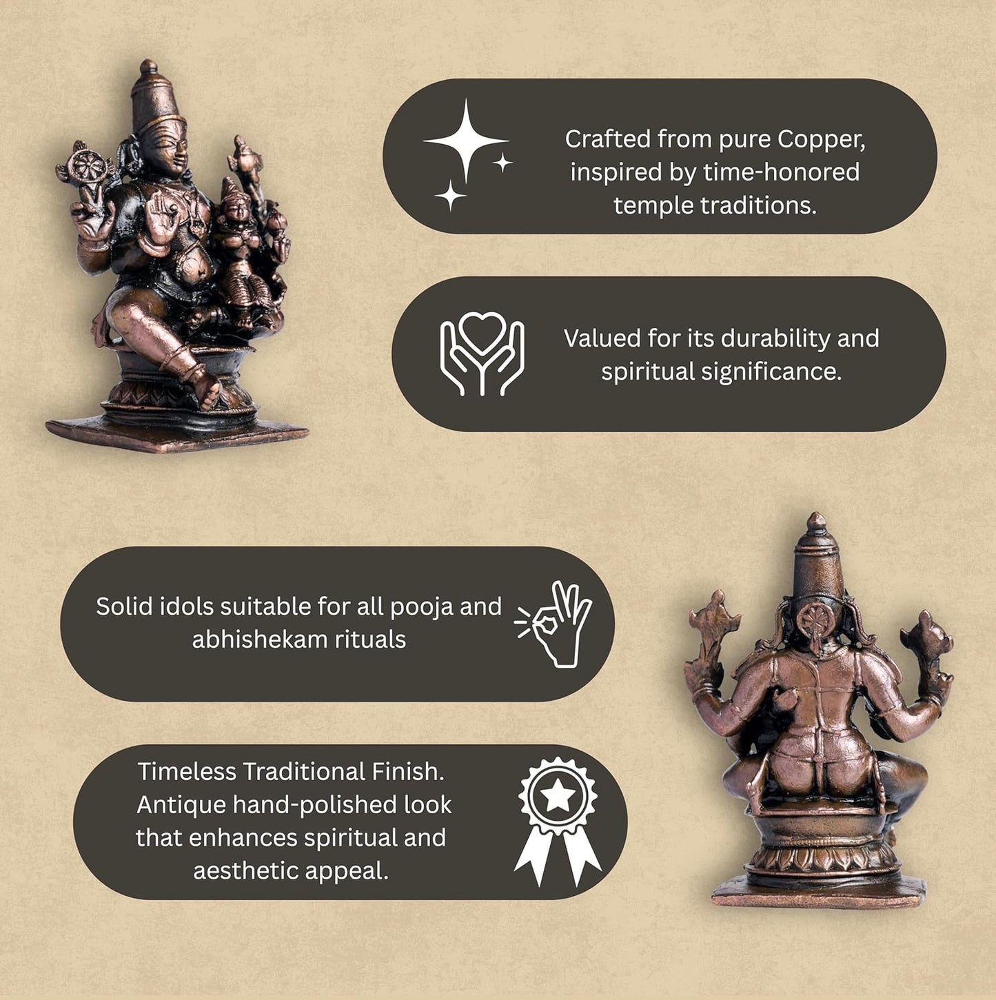 NM Lakshmi Narayana | 8 cm | 320gm Handmade Copper Idol | Antique Patina Finish | Lakshmi Vishnu Murti Statue | Pooja Mandir Home Decor