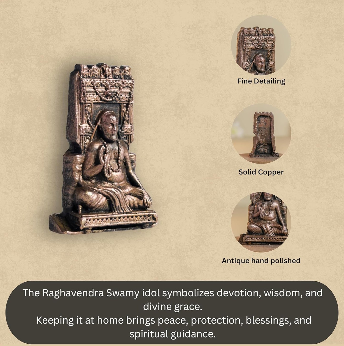 Raghavendra | 2-Inch 50 gm | Handmade Copper Idol with Patina Antique Finish | Mini Guru Raghavendra Swamy Murti for Pooja Ghar,