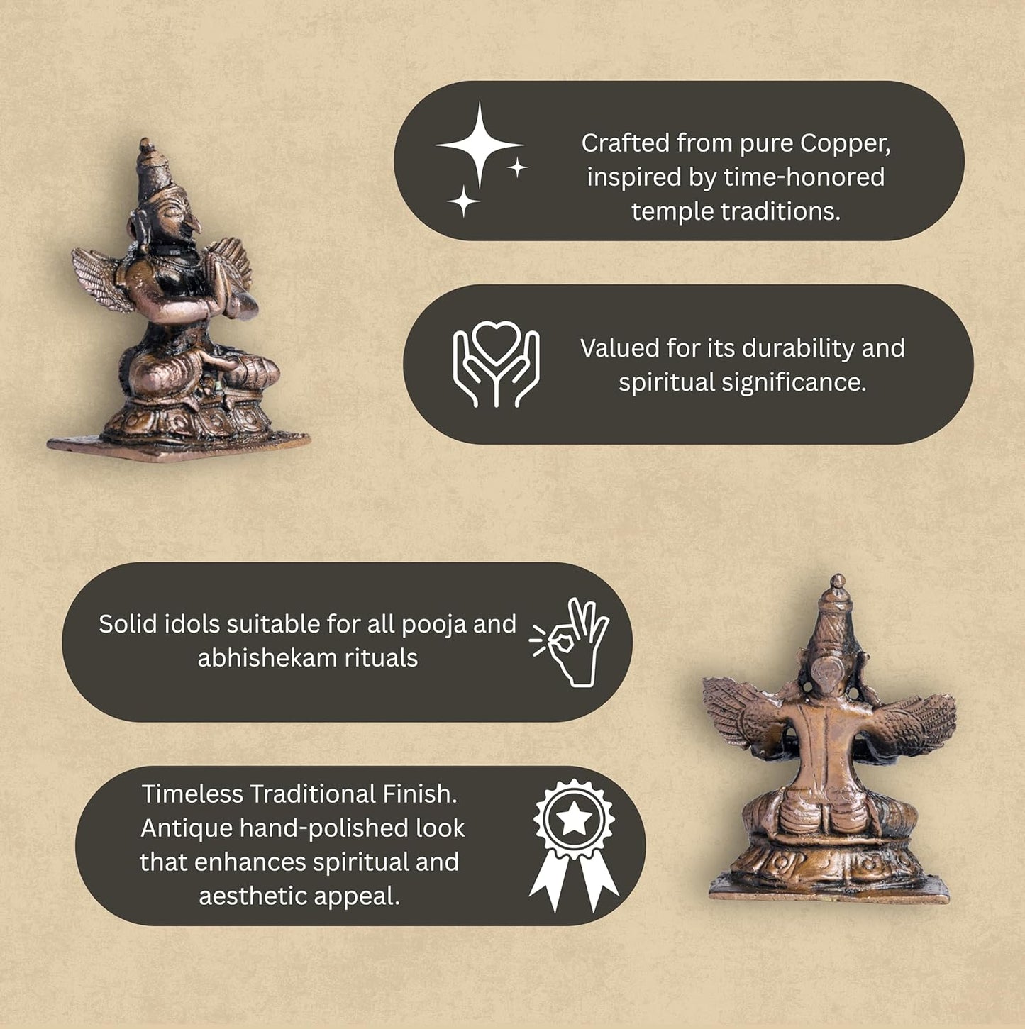 Sitting Garuda 120gm | 2-Inch Handmade Copper Idol | Patina Antique Finish | Garuda Murti for Pooja Ghar