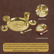 Flower Kansa Thali Set 6Pcs - 1 Thali, 1 Glass, 2 Bowls, 1 Chutney Bowl, 1 Spoon - Approx Weight (1875gms)