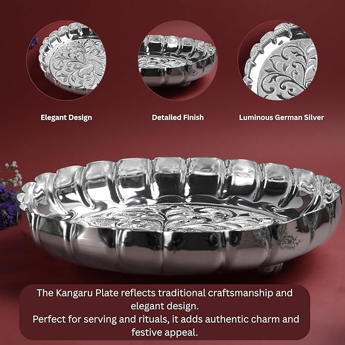 Etching Halwa Plate for Pooja & Serving | Silver Finish Decorative Sweet Prasad Plate | Traditional Temple Home Mandir Festive Use | Size 22.6 cm Diameter