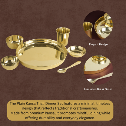 Plain Kansa Thali Set 6Pcs - 1 Thali, 1 Glass, 2 Bowls, 1 Chutney Bowl, 1 Spoon - Approx Weight (1610gm)