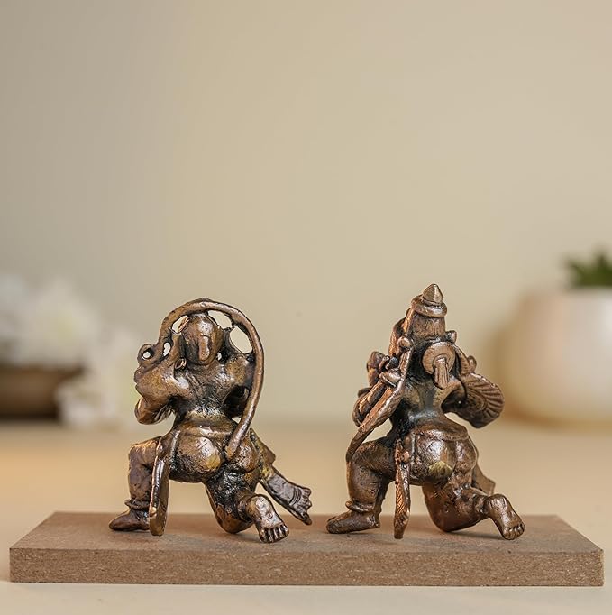 Leg Down Garuda Hanuman Set 1.5-Inch 110gm | Handmade Copper Idol Patina Antique Finish Mini Temple Murti for Pooja Ghar