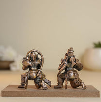 Leg Down Garuda Hanuman Set 1.5-Inch 110gm | Handmade Copper Idol Patina Antique Finish Mini Temple Murti for Pooja Ghar
