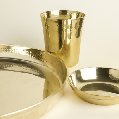 Hammered Kansa Thali Set 6Pcs - 1 Thali, 1 Glass, 2 Bowls, 1 Chutney Bowl, 1 Spoon - Approx Weight (1600gm)