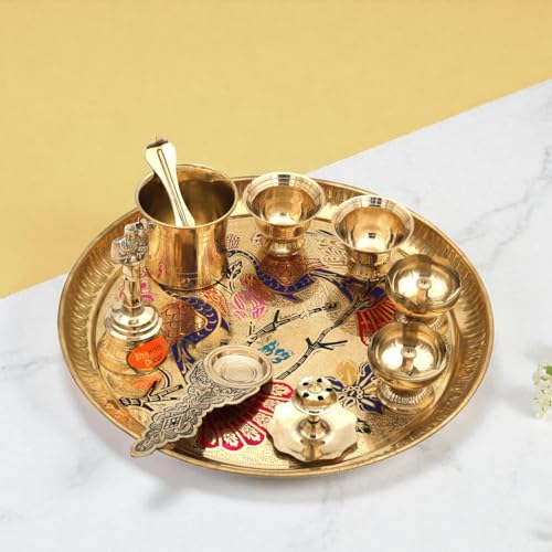 Brass Pooja Thali Set | Traditional Pooja Plate with Diya, Kalash, Cups & Accessories