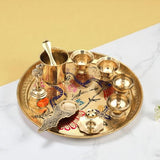 Brass Pooja Thali Set | Traditional Pooja Plate with Diya, Kalash, Cups & Accessories