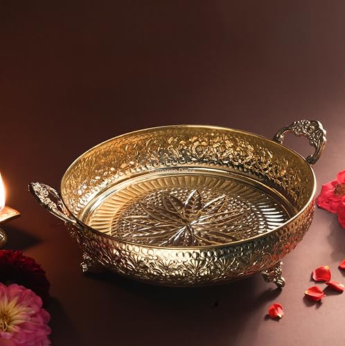 Mughal Carving Fruit Bowl Handle 10"inch | 640 gm Decorative Serving Tray & Platter