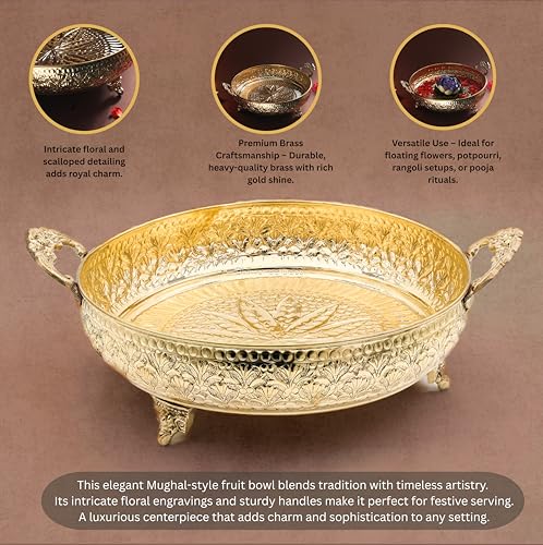 Mughal Carving Fruit Bowl Handle 10"inch | 640 gm Decorative Serving Tray & Platter