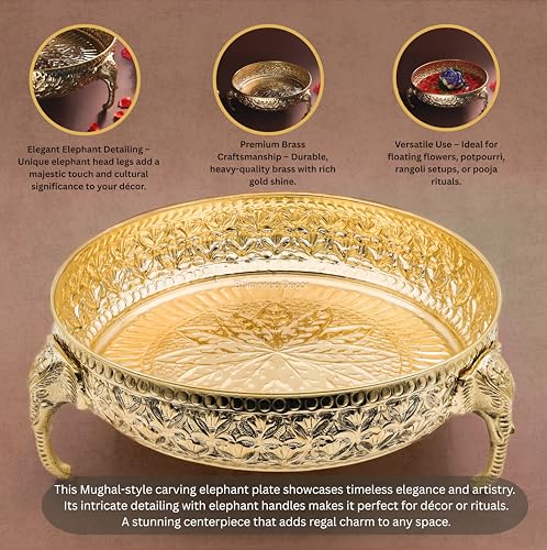 Carved Elephant Thali 10 Inch 830g - Handcrafted Brass Decorative Bowl