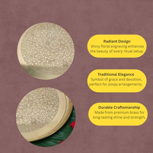 Engraved Brass Puja Thali | Designer Floral Carving Gold Polish Thali for Aarti