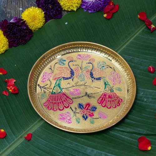 Multicolor Meenakari Brass Puja Thali | Handcrafted Pooja Thali with Peacock & Floral Artwork