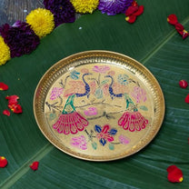 Multicolor Meenakari Brass Puja Thali | Handcrafted Pooja Thali with Peacock & Floral Artwork