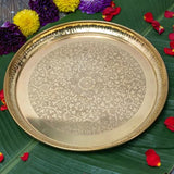 Engraved Brass Puja Thali | Designer Floral Carving Gold Polish Thali for Aarti