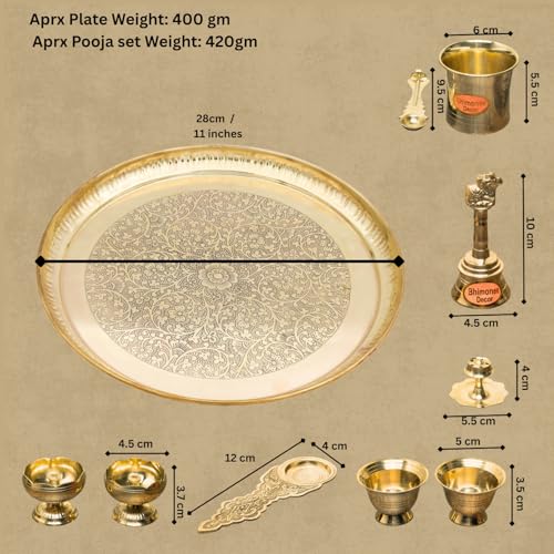 Engraved Brass Puja Thali Set | 8 Pcs Designer Plate with Floral Carvings, Diya, Kalash, Bell, Bowls & Spoon