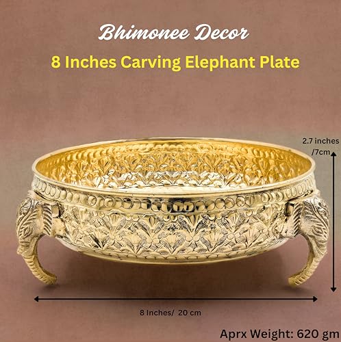 Carving Elephant Plate 8"inch | 620 gm Decorative Brass Plate & Bowl