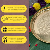 Engraved Brass Puja Thali | Designer Floral Carving Gold Polish Thali for Aarti