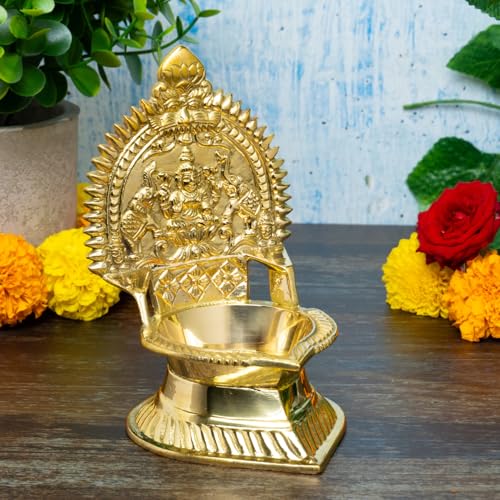 Gaja Lakshmi Kamakshi Brass Diya for Pooja | 8 Inch, 1100g