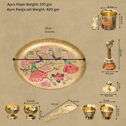 Multicolor Enamel Brass Puja Thali Set | 8 Pcs Pooja Plate with Diya, Bell, Kalash, Bowls & Spoon