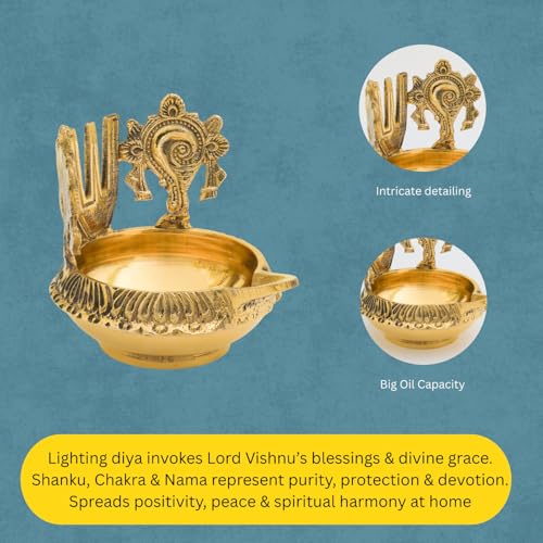 Brass Pooja Diya with Shankh Chakra & Namam | Handcrafted Golden Finish