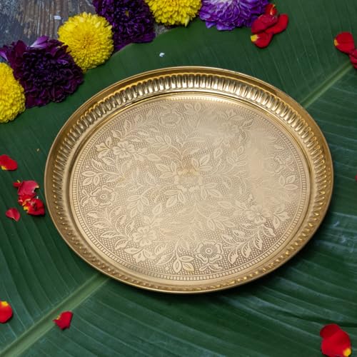 Designer Brass Puja Thali | Premium Gold Polish Pooja Thali with Floral Engraving