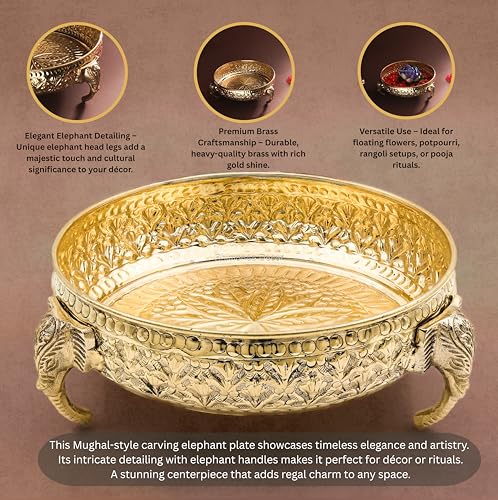Carving Elephant Plate 8"inch | 620 gm Decorative Brass Plate & Bowl