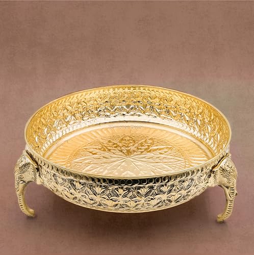 Carved Elephant Thali 10 Inch 830g - Handcrafted Brass Decorative Bowl