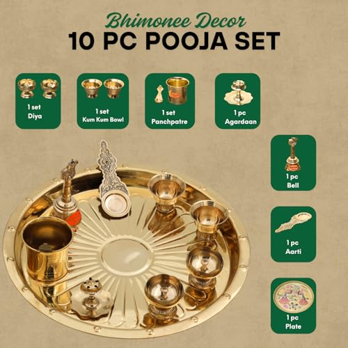 Brass Puja Thali Set | 8 Pcs Gold Polish Plate with Kalash, Diya, Bell, Spoon & Bowls
