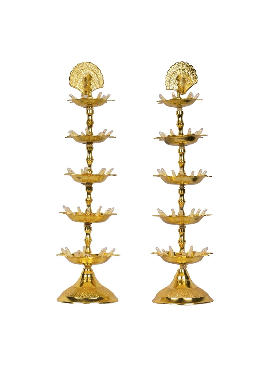 Pure Brass 5 Step Electric Gold Bulb Lights Diya | Deep | Deepak for Pooja | Puja | Mandir | Diwali Festival Decoration | Pair | with Golden Polish for no Colour Fading