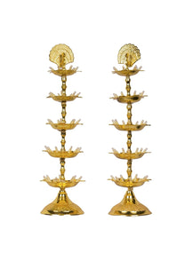 Pure Brass 5 Step Electric Gold Bulb Lights Diya | Deep | Deepak for Pooja | Puja | Mandir | Diwali Festival Decoration | Pair | with Golden Polish for no Colour Fading