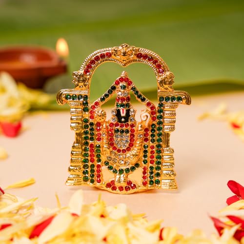 Tirupati Balaji Stone Idol | 3 Inches, Gold(Red Sequins)