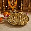 8-Inch Pure Brass Pooja Thali Set with Diyas, kumkum bowls, Aarti stand, Panchpatra with spoon, Karpoor aarti and Bell
