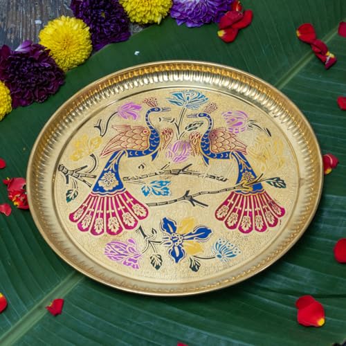 Multicolor Meenakari Peacock Brass Puja Thali | Designer Handcrafted Thali for Aarti