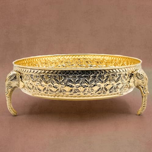 Carved Elephant Thali 10 Inch 830g - Handcrafted Brass Decorative Bowl